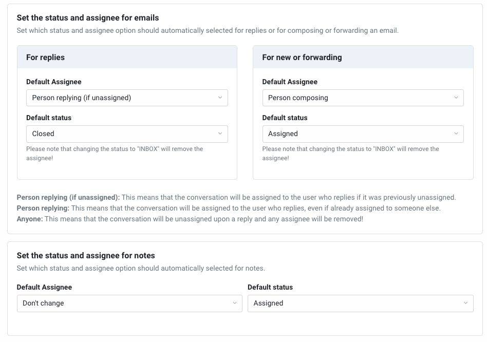 Mailbox Settings for assignee and status