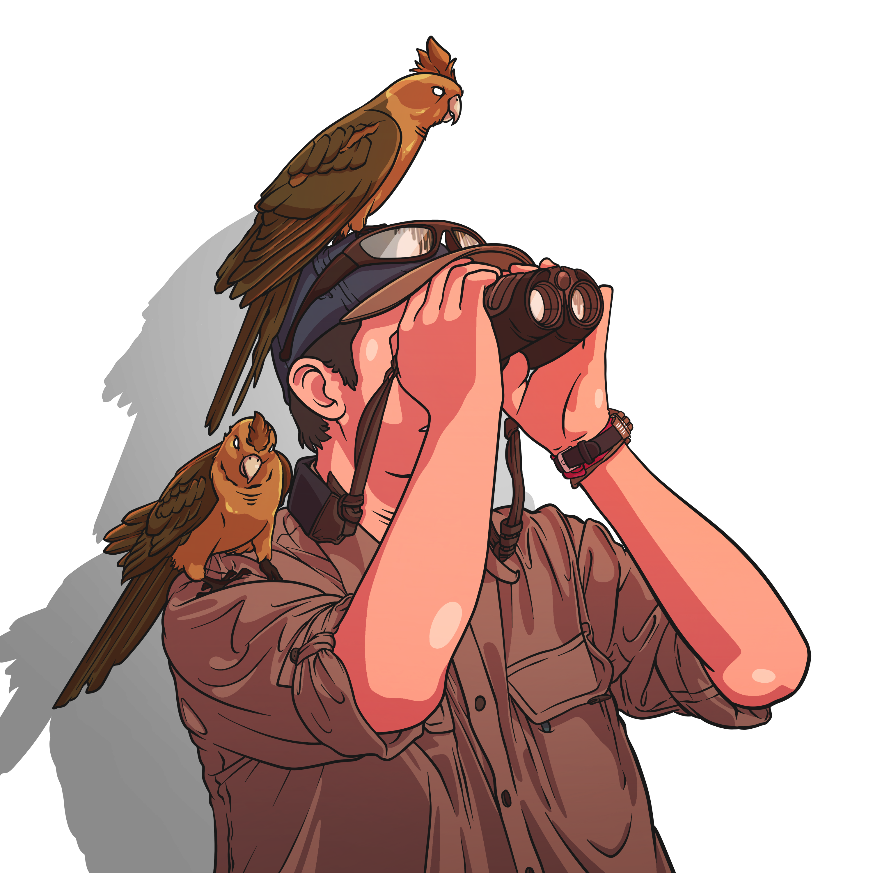 man using binoculars while two birds rest on his torso